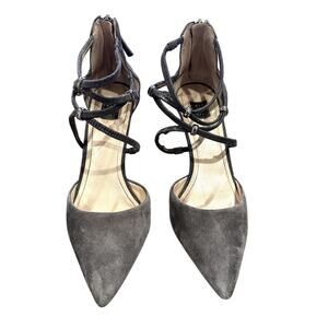 White House Black Market Gray Suede Back Zip Size 7 Excellent Condition 3" Heals